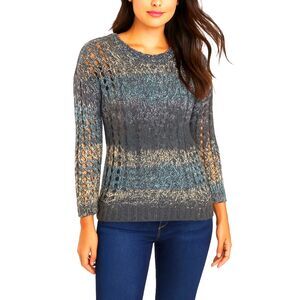 Coldwater Creek Blue Gray Open Cable Knit Striped Crewneck LS Sweater Sz L